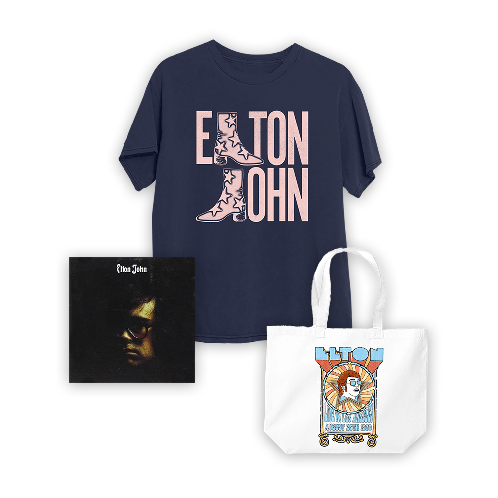 Elton John Vinyl & Merch Bundle – Navy Tee & Tote